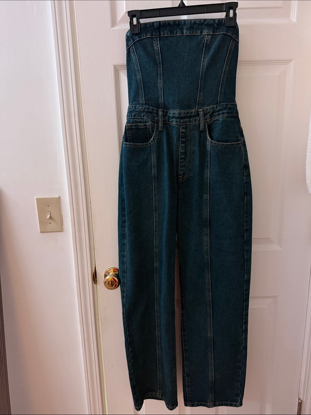 PrettyLittleThing Dark Blue Strapless Denim Jumpsuit